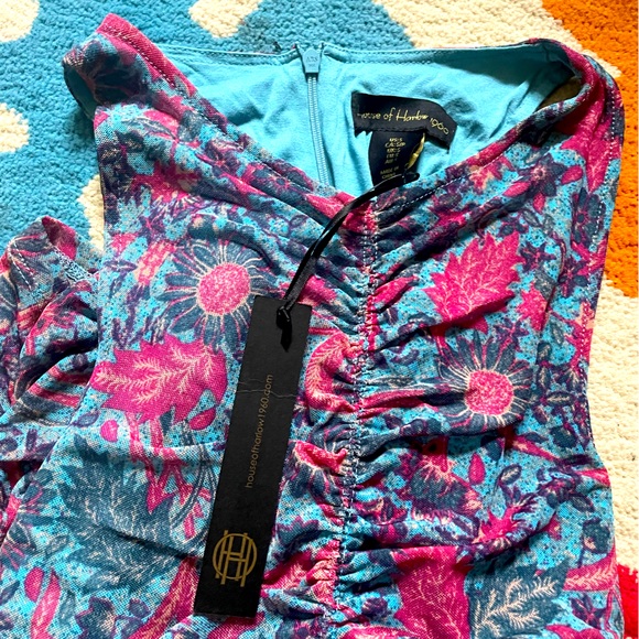 HOUSE OF HARLOW 1960 Women's M Floral Pink Blue Ruched Cocktail Bodycon Dress - Picture 1 of 5